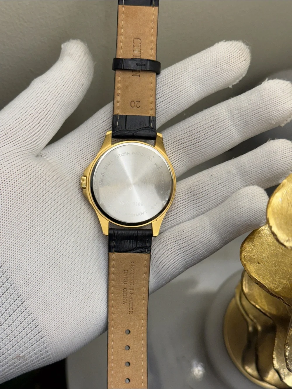 Citizen Classic Gold Case White Dial Watch with Black Leather Strap daydate mens